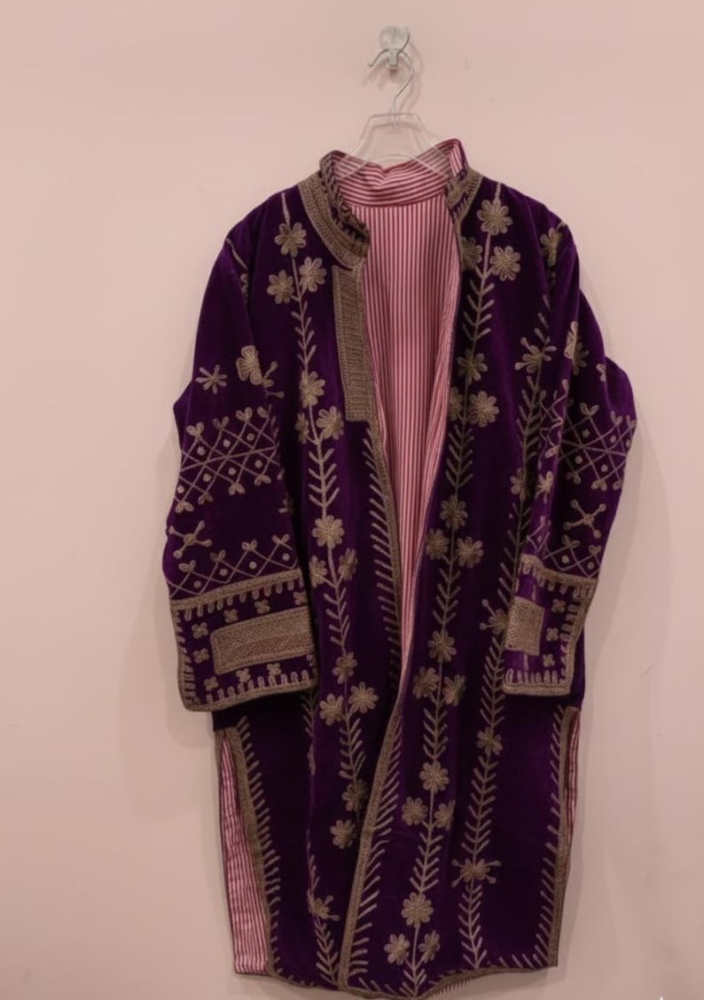 Purple Velvet Suzani Embroidered Jacket Coat for Women, Handcrafted Boho Floral