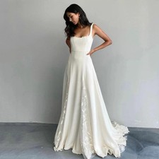 Ivory Wedding Dresses Soft Satin Square Neck Train Elegant Boho Bridal Gowns