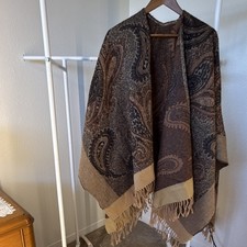 Women s Woven Paisley Shawl Wrap Fringe Trim Brown Tan Black