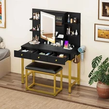 Vanity Desk Set with Power Outlet Mirror for Bedroom Makeup Dress Desk 3 Drawers