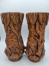 Set of 2 Hand Carved Wooden Leaf Tree Style Vase 10.5" H