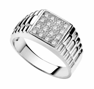 Authentic 925 Sterling Silver base Simulated Diamond Signet Men's Ring white gold plated