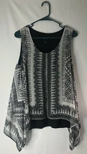 AB Studio size M stretchy black tank w/sheer gray & black overblouse uneven hem