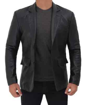 New Men Blazer Black Two-Button Handmade Leather Lambskin Formal Stylish Causal