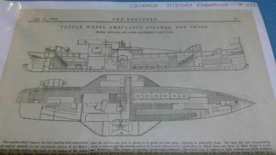 1884 Illustration from "The Engineer" Paddle Wheel Red Cross Ambulance Steamer - Imagem 4 de 4