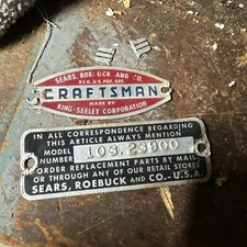 Craftsman King Seeley 103.23900 6”Jointer PARTS Badge & Data Plate