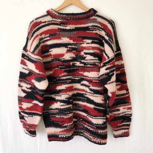 Hand Knitted Jumper Size M-L Red Black Wool Handmade Knit Sweater Pullover - Picture 9 of 9
