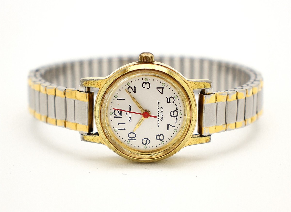 Waltham WA34LB Gold Tone & Silver Tone Quartz Watch W/ Stretch Band & Box Waltham Watch TESTED & WORKS 100 FT Quartz Japan Movt Date  main image 3