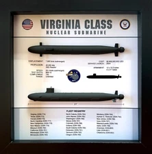 Virginia Class Submarine Shadow Display Box, SSN-774, 9" x 9", Black