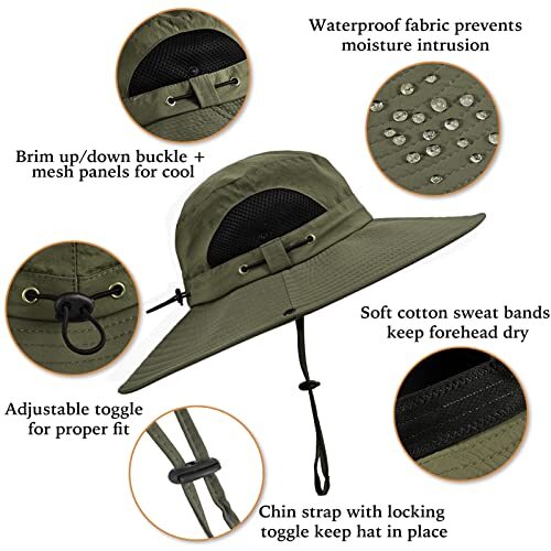 Wide Brim Fishing Sun Hat for Men Women, UPF 50+ One Size Green-12 Cm Brim - Picture 5 of 6