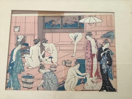 Vintage Japanese Minato with Stamp Woodblock Print BathhouseDistressed Frame - Picture 10 of 12