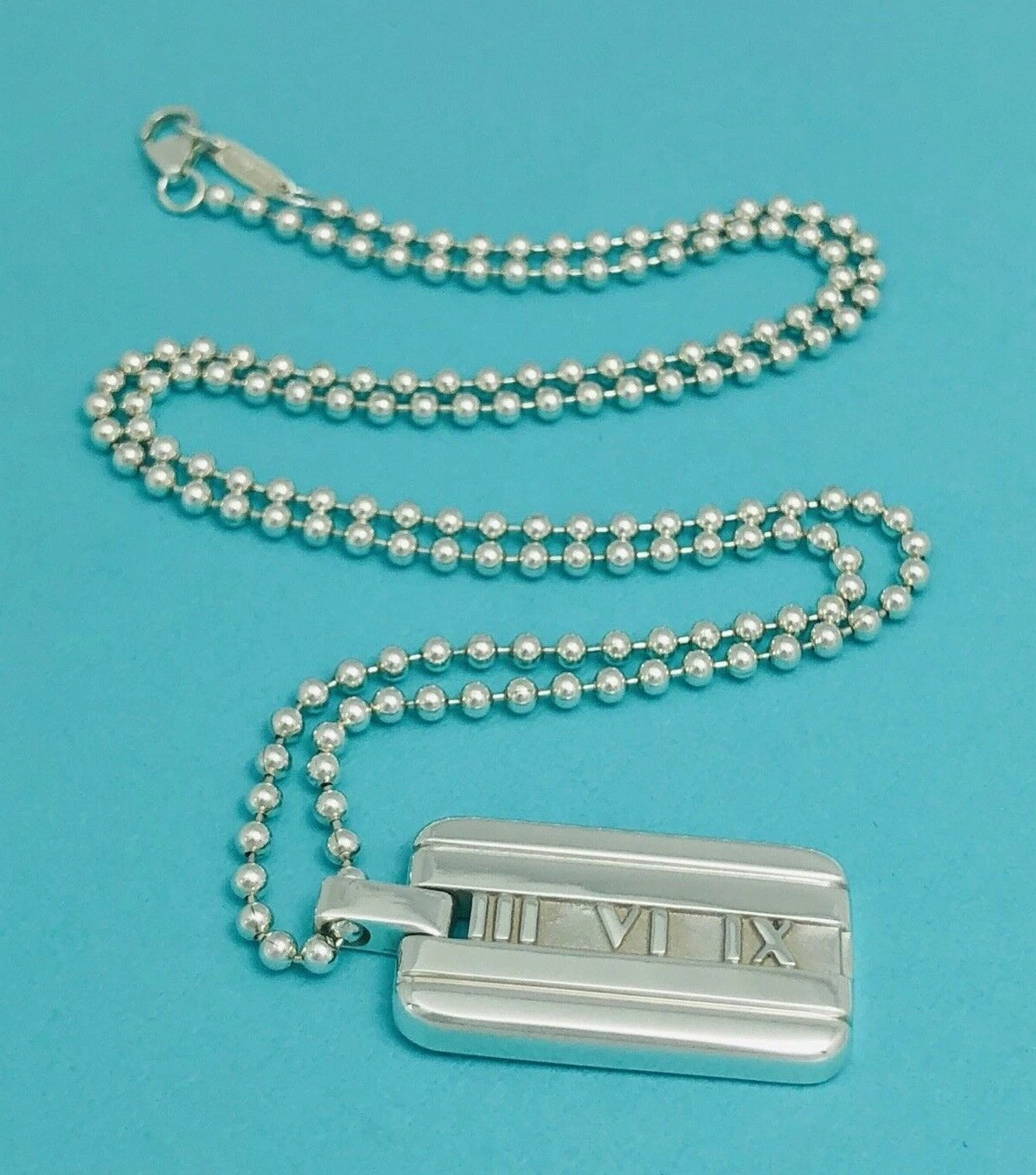 20" Tiffany & Co Atlas Dog Tag Bead Chain Necklace in Silver Mens Unisex