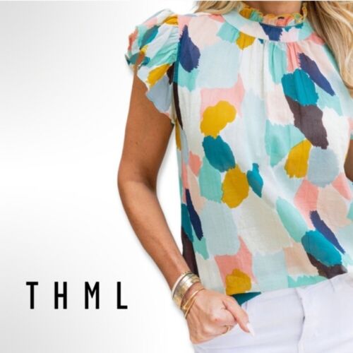 THML Women's Crew Neck Color Block Print Flying Ruffle Sleeveless Blouse Size M