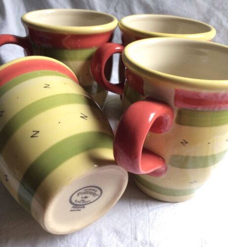 Set Pfaltzgraff Pistoulet Mugs Cups Stripes Coffee Green Yellow Ceramic Red 2002 - Picture 2 of 7