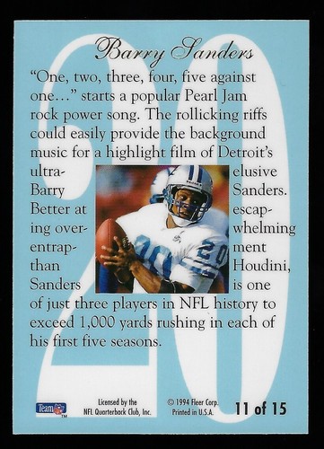 1994 Fleer Flair Hot Numbers Barry Sanders Detroit Lions #11 of 15 - NM - Picture 2 of 2