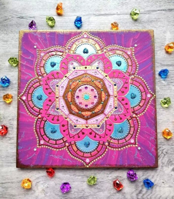 Mandala on wood Yoga art Original painting Pink editation wall decor Zentangle