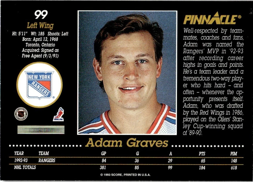 1993 Pinnacle #99 Adam Graves - New York Rangers - Image 2 of 2