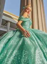 Green Princess Quinceanera Dress Ball Gown Off The Shoulder Sequins Floral Sweet