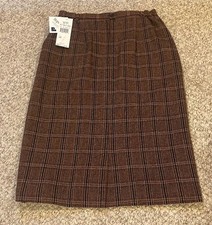 Vintage Wool Blend KORET Size 12 Brown Plaid Houndstooth Midi Skirt Made in USA