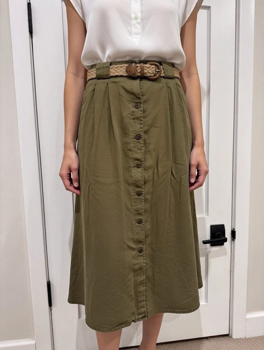 Rafaella Khaki Midi Skirt Large XL Linen Olive Green Safari Belted Strech Waist