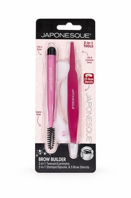 Japonesque Brow Builder Kit 2-in-1 Tweezers Spoolie Stamp Stencils Set. NIB