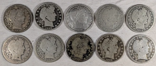 LOT OF 10 BARBER HALF DOLLAR COINS 90% SILVER $5 FACE VALUE #54