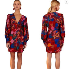 Farm Rio NWT Snake Garden Red Floral Button Front Long Sleeve Mini Dress size L