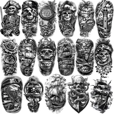77 Sheets Temporary Tattoo, 17 Sheets Half Arm Pirate Captain Skull Compass F...