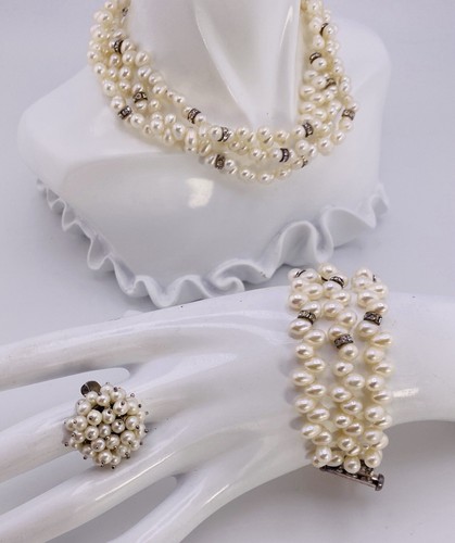 Sterling Süßwasser Perlen Parure Ohrringe Armband Choker Ring signiert Paula 95 g - Bild 10 von 10