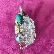 Beach Glass OOAK Pendant Necklace Aqua Wire Wrapped Beads Handmade 3410 B