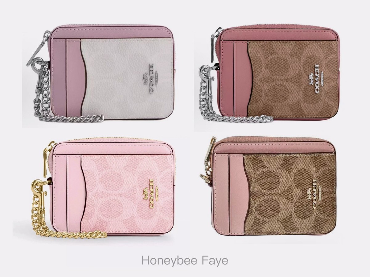 NWT Coach Zip Card Case In Signature Canvas Silver/ Dusty Pink