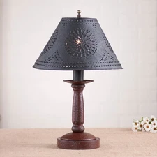 BEDSIDE TABLE LAMP with Punched Tin Shade - Distressed COLONIAL RED Finish USA