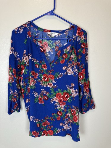Pioneer Woman Damen blau & rot Blumen Rosenmuster Bauern Bluse Shirt Größe XL - Bild 6 von 11
