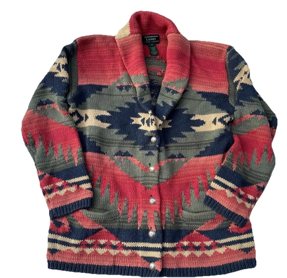 VTG RARE Ralph Lauren Hand Knit Navajo Aztec Shawl Sweater Southwest Cardigan - Image 2 of 4