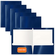 Better Office Products 2 Pocket Glossy Laminated Navy Blue Paper Folders, Box