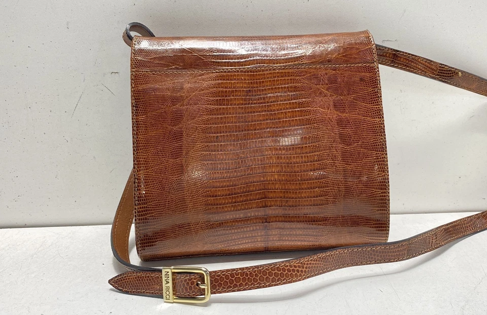 Женская сумка через плечо Nina Ricci коричневая ящерица тисненая кожа регулируемый ремень - Изображение 2 из 4