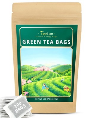 TeeLux Green Tea Bags, Natural Pure Tea, Super 100 Count (Pack of 1)