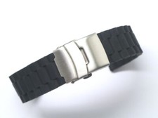 20mm 22mm Black Rubber Men Watch Strap W/ Silver Deployment Clasp Buckle