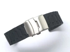 20mm 22mm Black Rubber Men Watch Strap W/ Silver Deployment Clasp Buckle