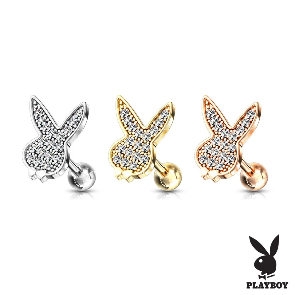 Playboy Bunny Micro CZ Paved Surgical Steel Barbell Studs Ear Cartilage Tragus - Image 3 of 3