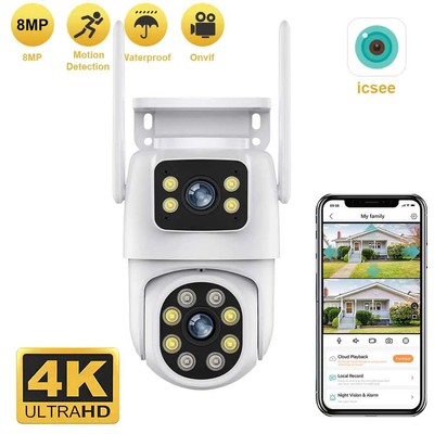 icsee Dual Lens WIFI 8MP 4K IP Kamera Outdoor CCTV Home Security PTZ IR Cam DE