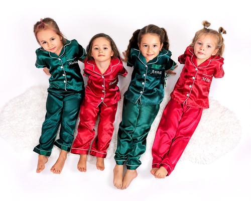 Custom Name Xmas Satin Kids Pjs,Kids Christmas Gifts,Satin Short Sleeve Pajamas - Picture 2 of 9