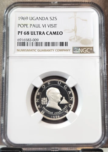 1969 UGANDA SILVER 2 SHILLINGS POPE PAUL VI VISIT NGC PF 68 ULTRA CAMEO GEM
