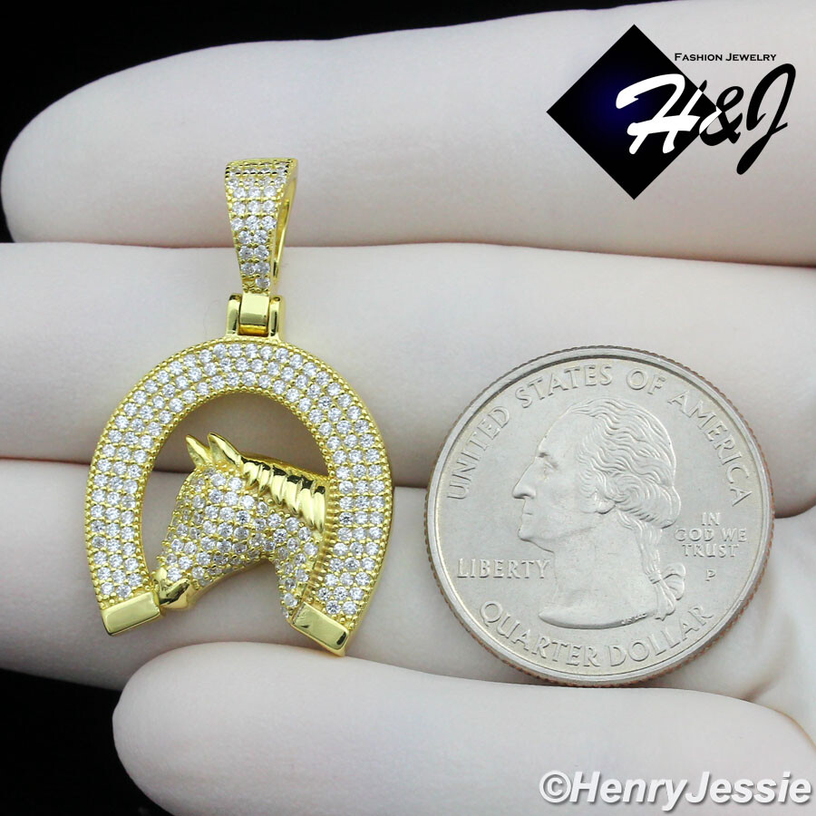 925 STERLING SILVER ICY CZ GOLD PLATED/SILVER HORSE HEAD