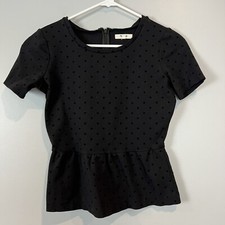 Madewell Black Peplum Blouse Womens size XS Raised Polka Dot Zippered Back