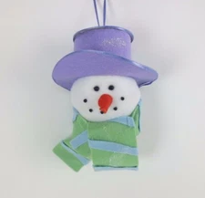Plush Snowman Head Ornament Purple Hat Green Scarf Christmas Tree Ornament