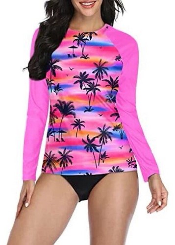 DACI Long Sleeve Rash Guard Swim Shirt Women’s Size S Pink Floral Built In Bra