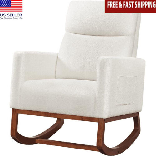 Upholstered Rocking Chair W/ Rubberwood Legs High Backrest & Side Pockets New