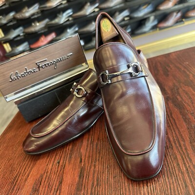 $960 Mens Ferragamo Burgundy Leather Loafers Sz 12 EE WIDE US Made