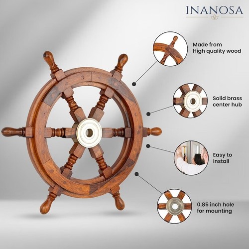 18'' WHEEL WOODEN BRASS NAUTICAL ANTIQUE VINTAGE SHIPS GIFT STEERING PIRATE SEA
